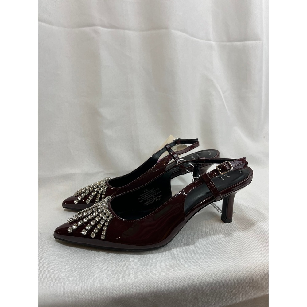 A New Day Burgundy Patent Rhinestone Slingback Pumps Kitten Heels Womens 6.5